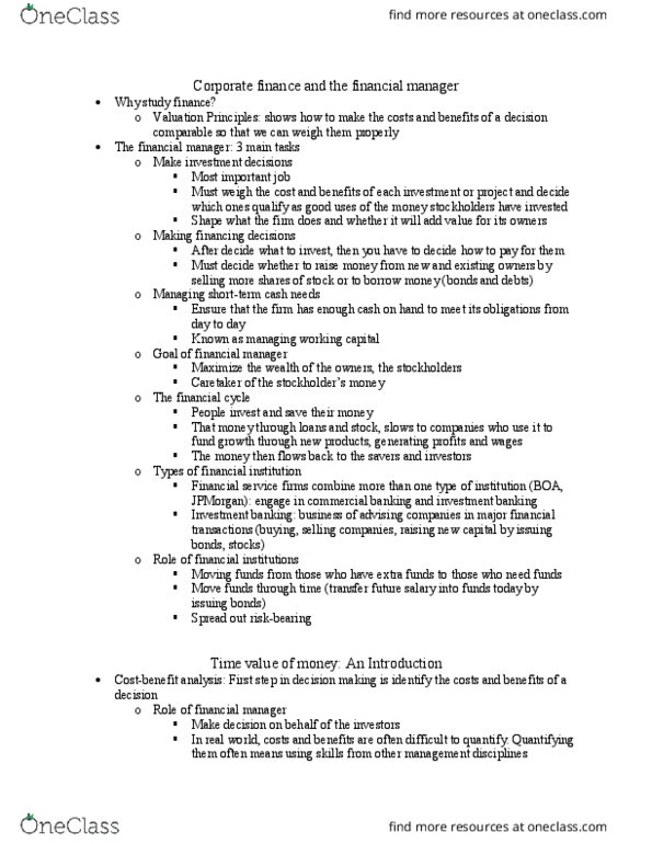 SMG FE 101 Chapter Notes - Chapter 1.1, 1.3, 1.6 and 3.1, 3.2: Financial Institution, Corporate Finance, Market Price thumbnail